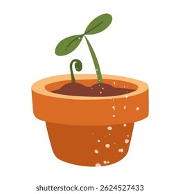 Sprossen in einem Blumentopf mit Textur. Flache Farbe, einzelne Doodle-Illustration. Süßer Frühling, Sommer. Geeignet für Dekoration, Postkarten, Verpackungen, Drucke, Umschläge mit einem gemütlichen