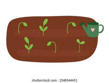 Sprouts growing in the ground clipart in cartoon style. Plants or saplings in soil with a watering can print. Gardening, farm and agriculture vector illustration