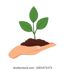 Sprouts in hand, hand holding chernozem in palm, on white background, plant growing concept, seeds in hand,black earth, humus, chernozem, black soil, vector illustration in flat style