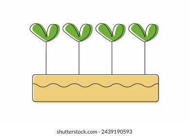 Brotes, plántulas en una caja. Jardinería, plantación y cuidado de plantas. Concepto de jardinería, floricultura. Dibujos, garabatos. Ilustración vectorial.