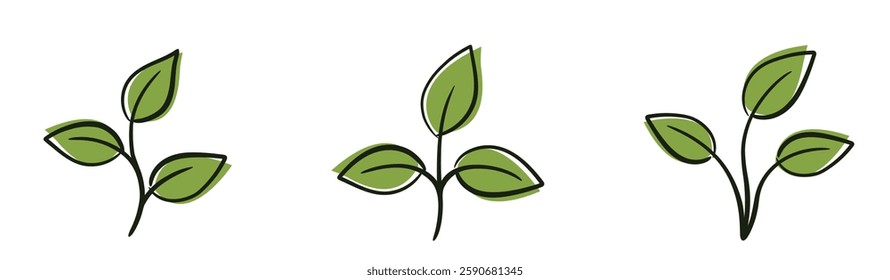 Sprouts with three leave. Spring, planting and nature design elements. Isolated vector illustrations