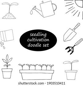 sprouts, watering can, seeds sowing from a bag, shovel, rake, sun vector set icon, sticker. sketch hand drawn doodle style. monochrome minimalism. spring, seedlings, gardening, garden.