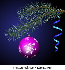 Spruce branch with a Christmas ball and serpentine for a Merry Christmas greeting card. Vector illustration