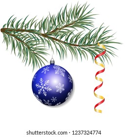 Spruce branch with a Christmas ball and serpentine for a Merry Christmas greeting card. Vector illustration