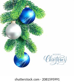 Spruce branch with Christmas baubles isolated on white. Vector illustration.