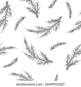 Patrón transparente de Navidades de rama de abeto. Vector negro ilustración gráfica dibujado a mano por tinta. Perfecto para el papel de embalaje del año Nuevo, platos, textiles, embalaje, caja de regalo, servilletas, mantel.