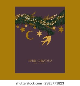 Spruce branch with Christmas trees. Moon, snowflale, star and other. Winter greeting card, print, packaging