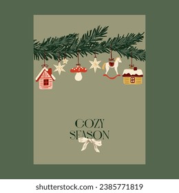 Spruce branch with Christmas trees . Winter greeting card, print, packaging