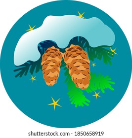 A spruce branch with cones under the snow. Vector 2D illustration for winter postcard, banner, sticker.