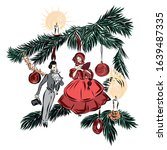 Spruce branch decorate Christmas toys  balls and candles, figures lady and gentleman in vintage style from the nineteenth century, 