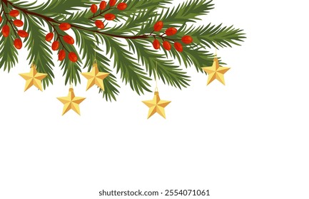 Spruce branch decorated with red berries and Christmas tree toys Vector illustration, isolated on white. For Christmas and New Year cards, headers, posters