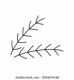Spruce Zweig im Doodle-Stil. Lineares Vektorsymbol. Aufkleber für Neujahr und Weihnachten.