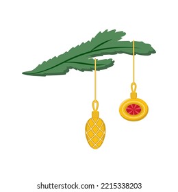 Spruce branch with glass decorations. vector illustration