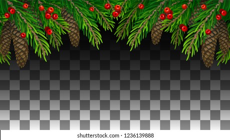 Rama prudente aislada en el fondo de la transparencia. Árbol de Navidad realista. Ilustración vectorial para tarjetas de Navidad, afiches de fiesta de año nuevo.
