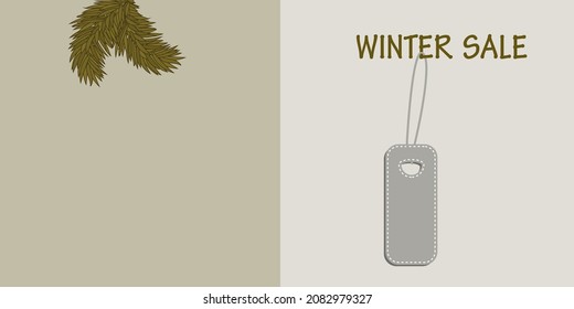 Spruce branch, label - horizontal banner neutral beige tone - vector. Christmas Sale. Winter sale.