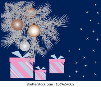 Spruce branches with balls and gifts in boxes on a blue background. Vector illustration for New Year and Christmas cards