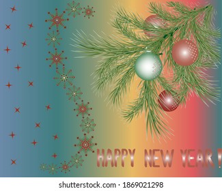 Ramas prudentes con bolas y copos de nieve sobre un fondo de arco iris. Ilustración vectorial para tarjetas de felicitación para Año Nuevo y Navidad
