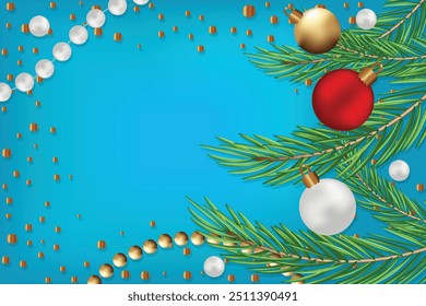Spruce branches Blue background golden sparkles glitter Xmas mood Merry Christmas greeting card Holiday flyer New Year poster cover banner Shiny lights White pearl beads Copy space Balls