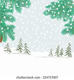 Spruce branches  of Christmas tree  with snowflakes and winter landscape vector illustration