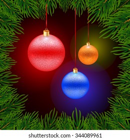 Spruce branches of the Christmas tree in the style of frame, beautiful colorful balls
fir branches