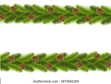 Spruce Branches With Cones Borders With Gradient Mesh, Vector Illustration