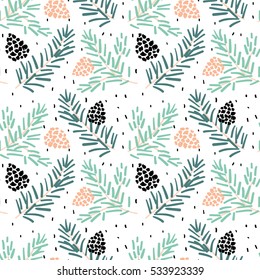 Spruce branches with cones on the white snow background. Vector seamless pattern. Winter xmas illustration. 