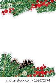 Spruce branches with cones and red berries on a white background