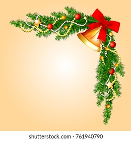 Spruce branches decorated with bid gold bell, luxury beads, five-pointed stars and festive glass balls isolated vector illustration on beige background.