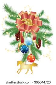 Spruce branches decorated bow, garlands and Christmas balls