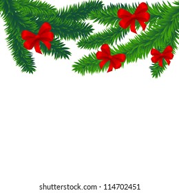 Spruce branches decorated with red bows, vector background