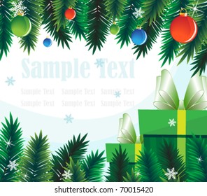 Spruce branches and decorations on a white background