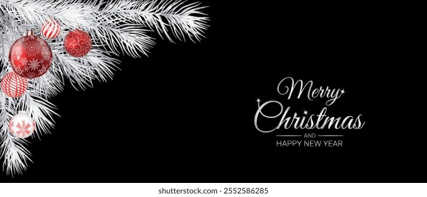 spruce branches and festive red balls with a silver gradient on a black background wish you a Happy New Year and Christmas