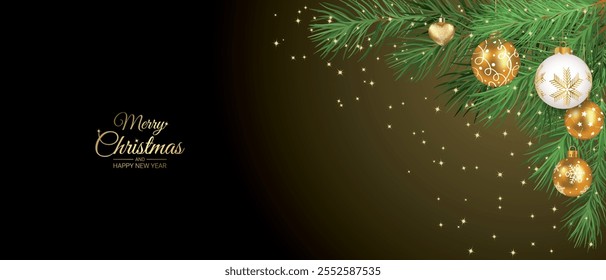 spruce branches and festive white balls with a golden gradient on a black background wish you a Happy New Year and Christmas