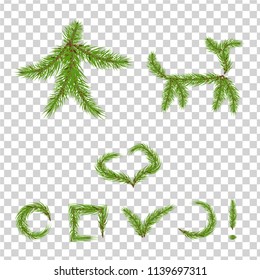 spruce branches in the form of a man, a dog, a heart, a circle, a square, an exclamation point, a check mark on a transparent background
