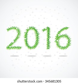 Spruce branches in the form of numbers 2016. Vector illustration on snowy background.