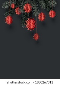 Spruce ramas enmarcadas con juguetes colgantes covid-19 de árbol de Navidad. Espacio para texto. Ilustración vectorial.