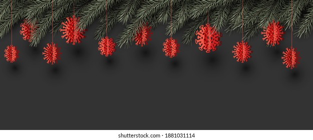 Spruce branches frame with hanging covid-19 Xmas tree toys. Banner. Space for text. Vector illustration.
