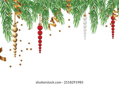 Spruce branches Isolated background golden sparkles falling down Xmas mood Merry Christmas greeting card Holiday flyer New Year poster cover banner Shiny lights White pearl gold red beads Copy space