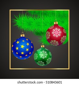 Spruce branches with New Year's beautiful glass balls