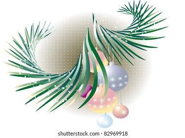 Spruce branches with New Year's decorations.Postcard.
