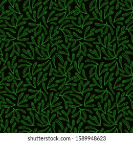 spruce branches on a dark background. Festive background with a New Year tree. seamless vector pattern in green shades