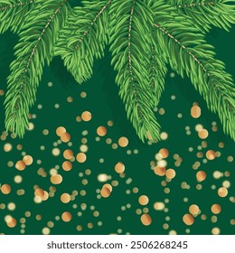 Spruce branches on green background with golden sparkles falling down Xmas mood Christmas greeting card Holiday flyer  New Year poster, cover, banner Square design Copy space Shiny lights