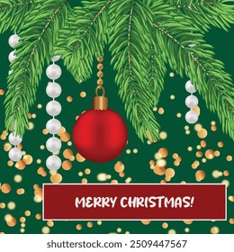 Spruce branches on green background golden sparkles falling down Xmas mood Merry Christmas text greeting card Holiday flyer New Year poster cover banner Square design Shiny lights White pearl beads 