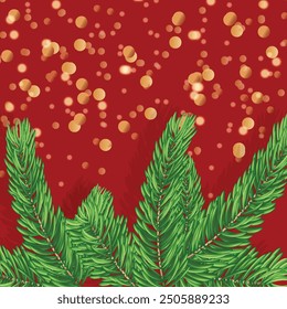 Spruce branches on a red background with golden sparkles falling down Xmas mood Christmas greeting card Holiday flyer  New Year poster, cover, banner Square design Copy space Shiny lights