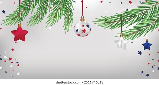 Spruce branches on silver background White red blue falling down confetti stars Xmas mood Christmas greeting card Holiday flyer New Year poster cover banner Copy space December mood USA colors America