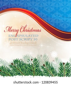 Spruce branches on a sparkling beige and blue background with red ribbon