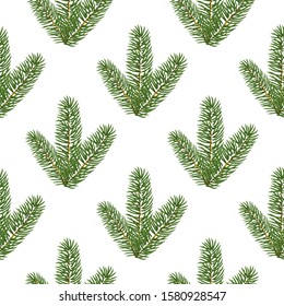 Spruce branches on winter seamless background. Decorative greeting card happy new year 2020 and merry Christmas. Advertising banner for trade and sale