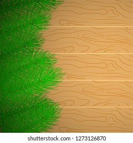 Spruce branches on a wooden table. Christmas and New Year background. Vector illustration.