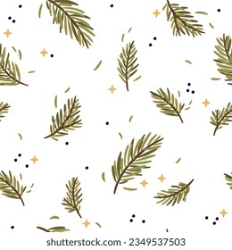 Spruce branches pattern design with stars. Green tree vector background with stars.