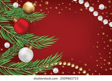 Spruce branches Red background golden sparkles glitter Xmas mood Merry Christmas greeting card Holiday flyer New Year poster cover banner Shiny lights White pearl beads Copy space Balls